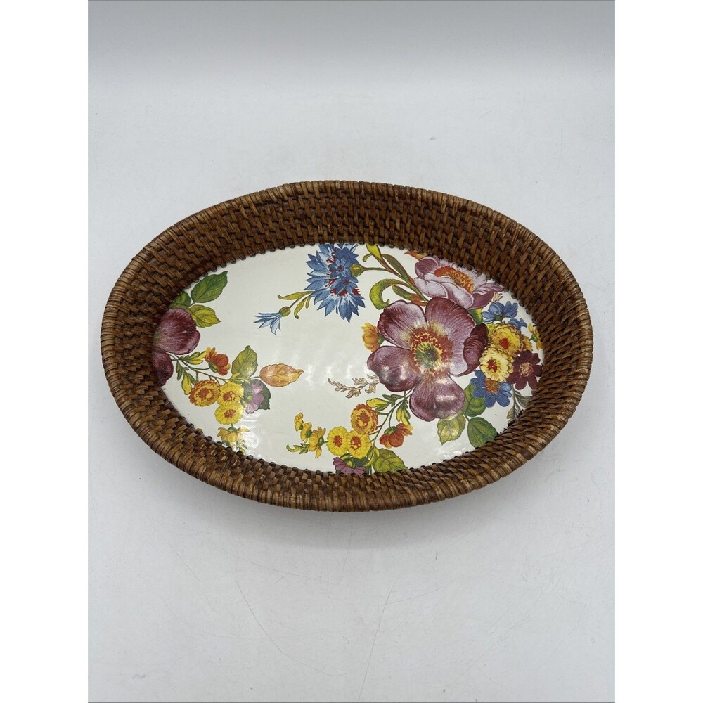 Mackenzie Childs Tray Flower Market Small Rattan Basket White 11”